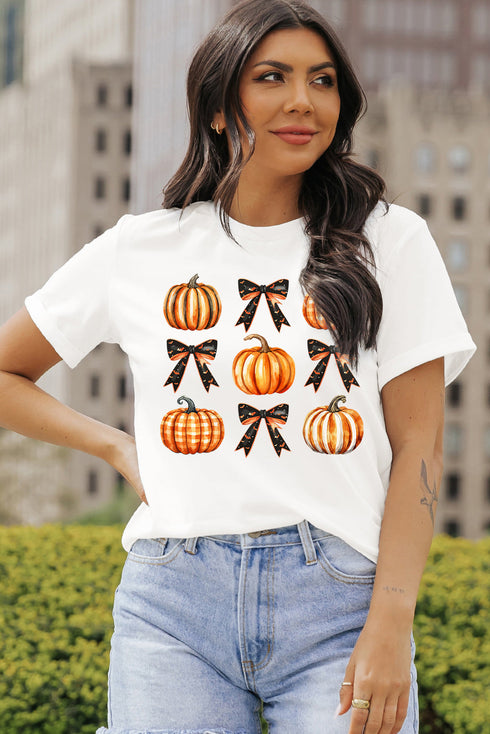 Festive Halloween Pumpkin Bow Knot Crew Neck Tee