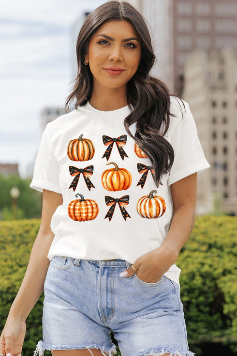 Festive Halloween Pumpkin Bow Knot Crew Neck Tee