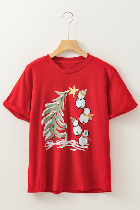 Festive Holiday Snowman Graphic Print Short Sleeve Crewneck T Shirt