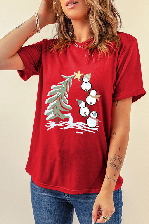 Festive Holiday Snowman Graphic Print Short Sleeve Crewneck T Shirt