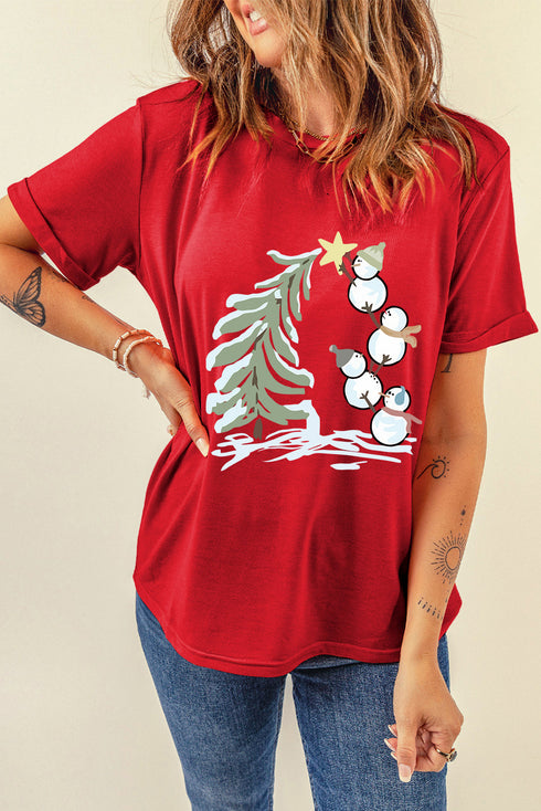 Festive Holiday Snowman Graphic Print Short Sleeve Crewneck T Shirt