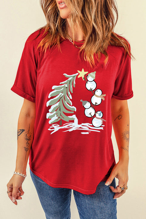 Festive Holiday Snowman Graphic Print Short Sleeve Crewneck T Shirt