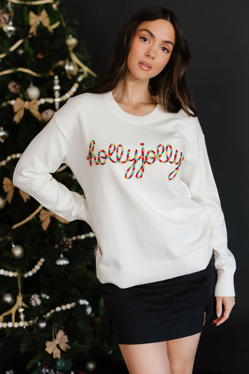 Festive Holly Jolly Script Graphic Pullover Sweater