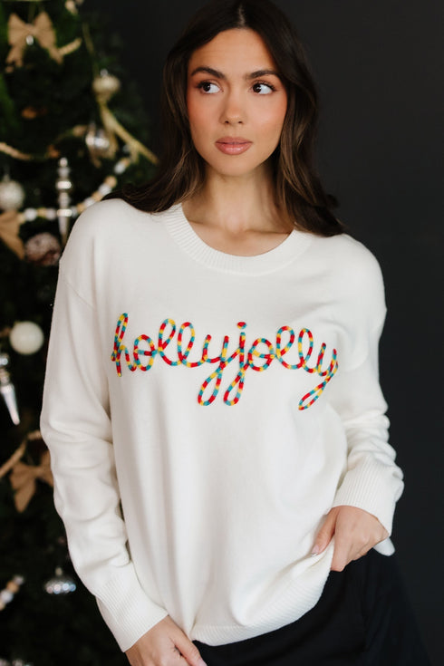 Festive Holly Jolly Script Graphic Pullover Sweater