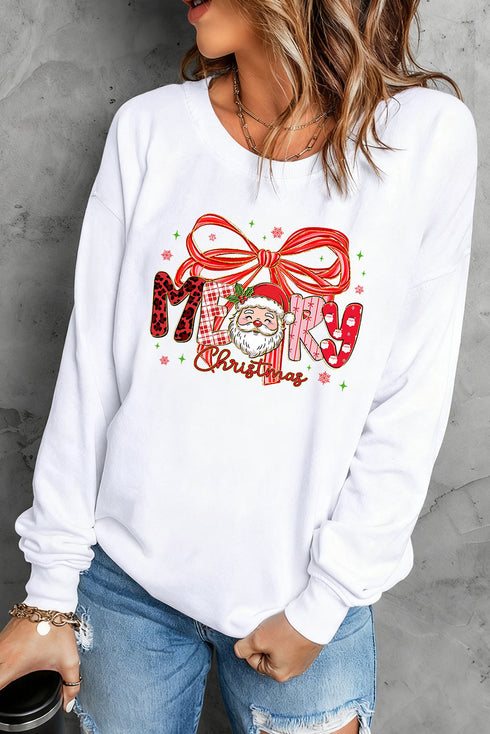 Festive Merry Christmas Santa Bow Graphic Crewneck Sweatshirt