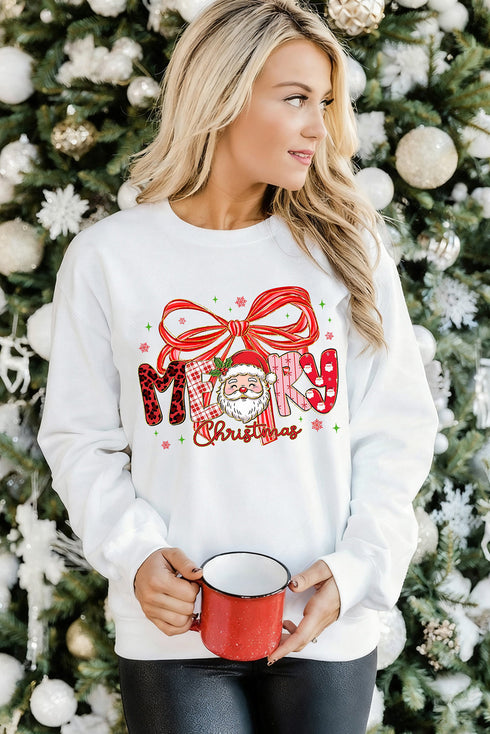 Festive Merry Christmas Santa Bow Graphic Crewneck Sweatshirt