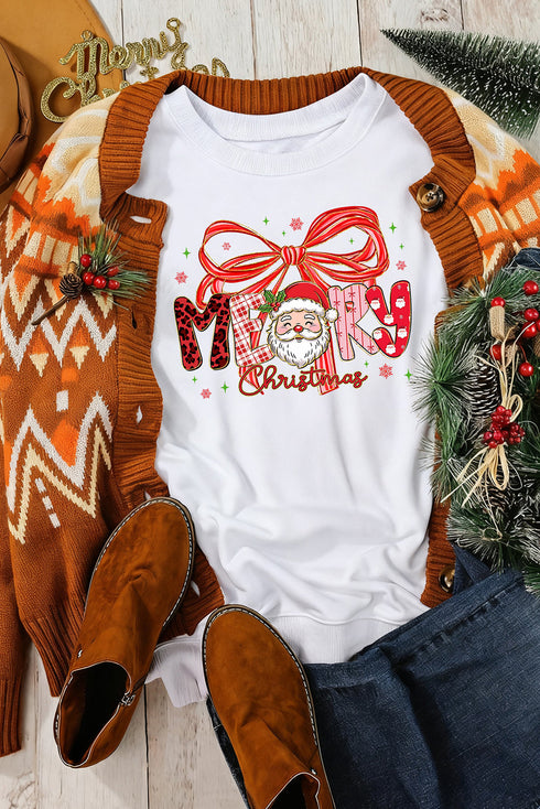 Festive Merry Christmas Santa Bow Graphic Crewneck Sweatshirt