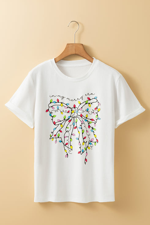 Festive Merry Era Lights Bow Graphic Short Sleeve Tee