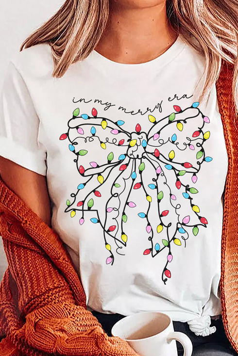 Festive Merry Era Lights Bow Graphic Short Sleeve Tee