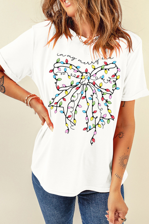 Festive Merry Era Lights Bow Graphic Short Sleeve Tee