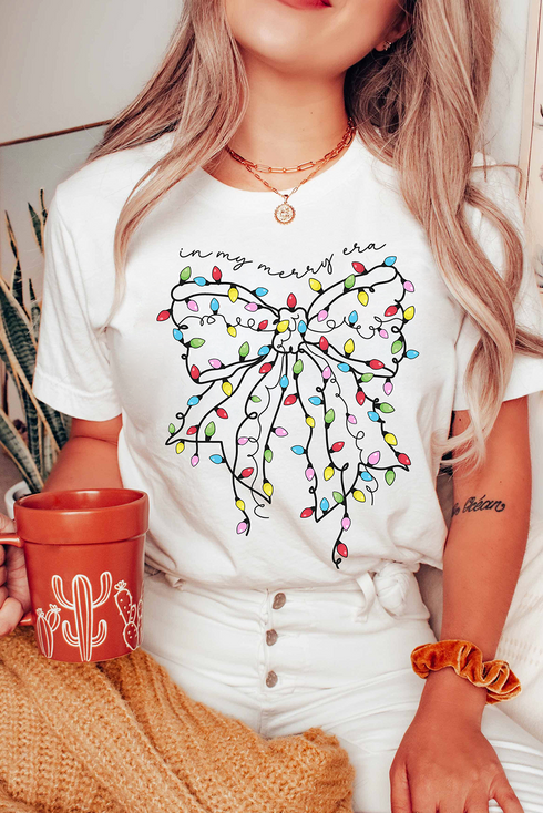 Festive Merry Era Lights Bow Graphic Short Sleeve Tee