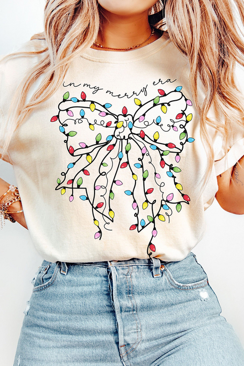 Festive Merry Era Lights Bow Graphic Short Sleeve Tee