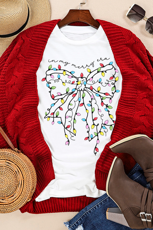 Festive Merry Era Lights Bow Graphic Short Sleeve Tee