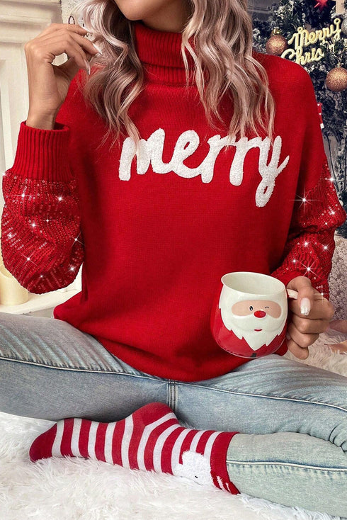 Festive Merry Graphic Sequin Sleeve Turtleneck Sweater