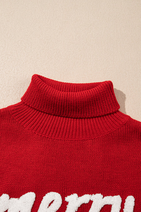 Festive Merry Graphic Sequin Sleeve Turtleneck Sweater
