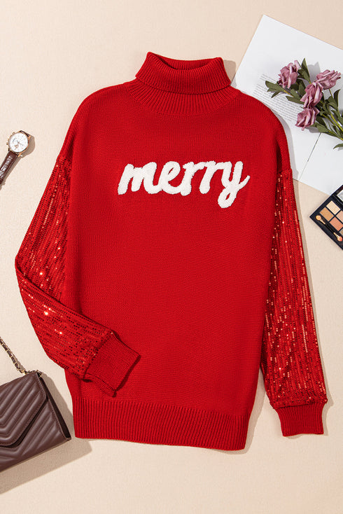 Festive Merry Graphic Sequin Sleeve Turtleneck Sweater