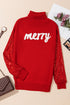 Festive Merry Graphic Sequin Sleeve Turtleneck Sweater