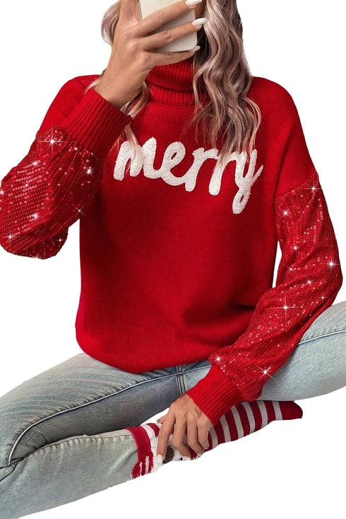 Festive Merry Graphic Sequin Sleeve Turtleneck Sweater
