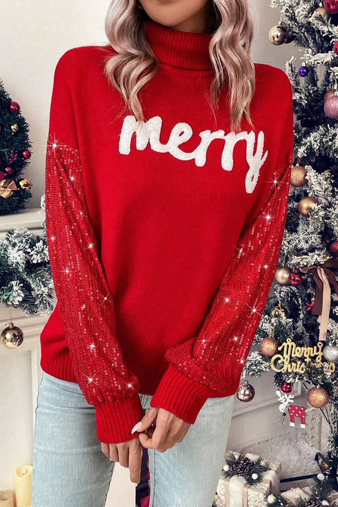 Festive Merry Graphic Sequin Sleeve Turtleneck Sweater