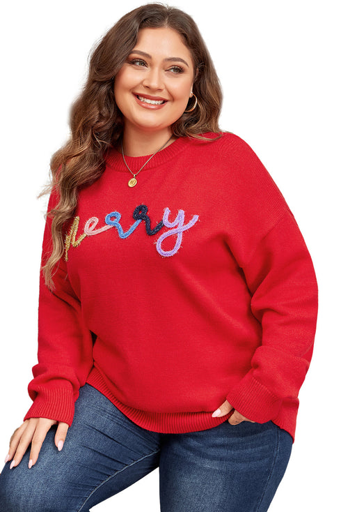 Festive Merry Letter Print Drop Shoulder Knit Sweater