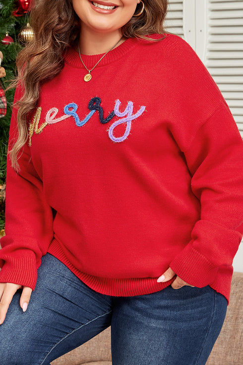 Festive Merry Letter Print Drop Shoulder Knit Sweater