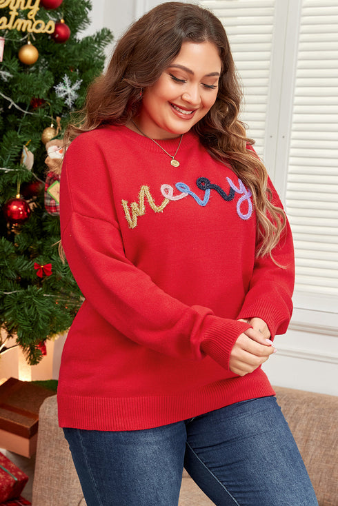 Festive Merry Letter Print Drop Shoulder Knit Sweater