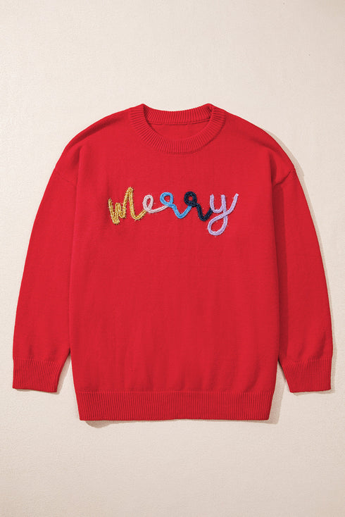 Festive Merry Letter Print Drop Shoulder Knit Sweater