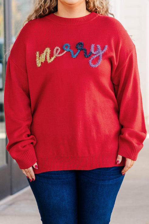 Festive Merry Letter Print Drop Shoulder Knit Sweater