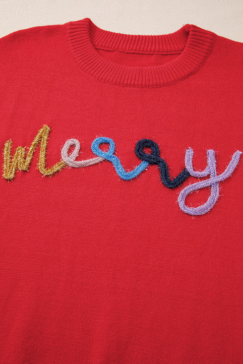 Festive Merry Letter Print Drop Shoulder Knit Sweater