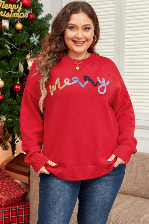 Festive Merry Letter Print Drop Shoulder Knit Sweater