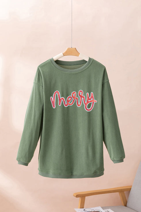 Festive Merry Script Sequin Corduroy Sweatshirt