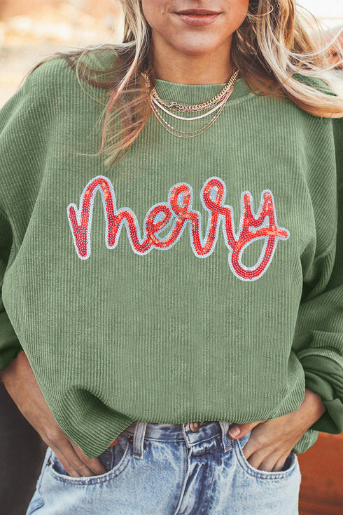 Festive Merry Script Sequin Corduroy Sweatshirt