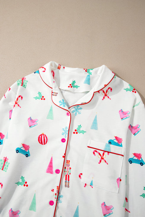 Festive Nutcracker And Tree Print Pajama Set