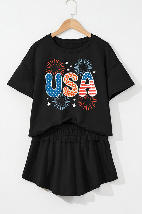 Festive Patriotic USA Fireworks Graphic Tee Smocked Waist Flare Skort Set