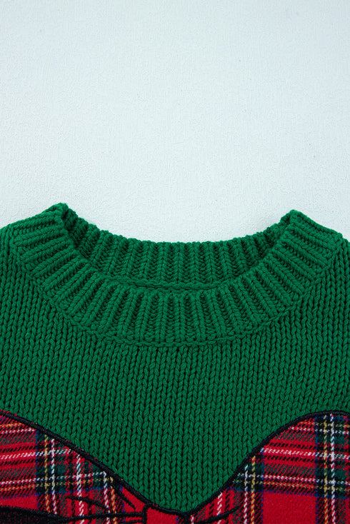 Festive Plaid Bow Graphic Crew Neck Knit Sweater