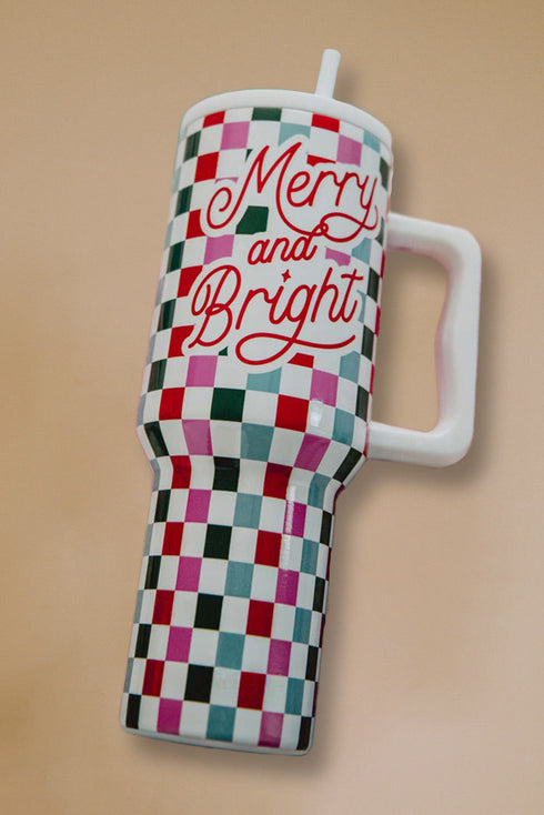 Festive Plaid Graphic Alloy Travel Tumbler With Handle