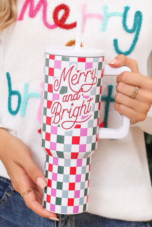 Festive Plaid Graphic Alloy Travel Tumbler With Handle