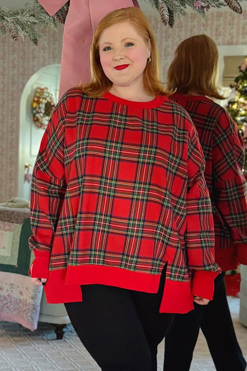 Festive Plaid Split Hem Tunic Long Sleeve Pullover Sweatshirt
