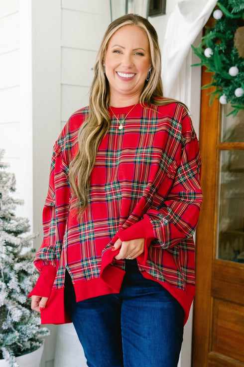 Festive Plaid Split Hem Tunic Long Sleeve Pullover Sweatshirt