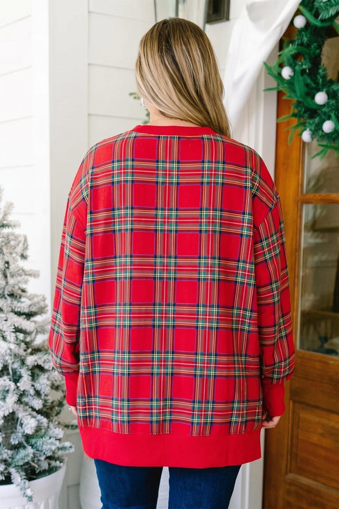 Festive Plaid Split Hem Tunic Long Sleeve Pullover Sweatshirt