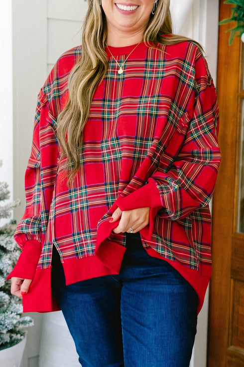 Festive Plaid Split Hem Tunic Long Sleeve Pullover Sweatshirt