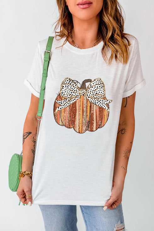 Festive Pumpkin Bow Graphic Crew Neck Shirt