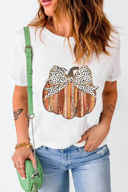 Festive Pumpkin Bow Graphic Crew Neck Shirt