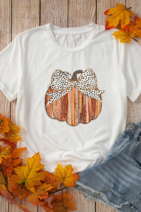 Festive Pumpkin Bow Graphic Crew Neck Shirt