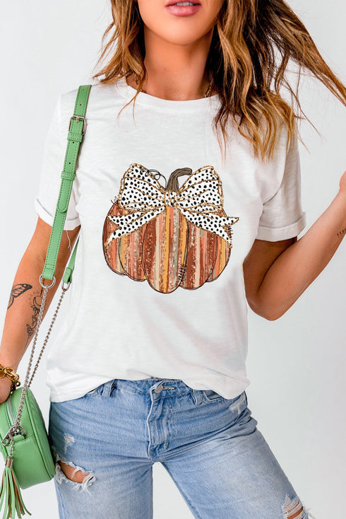 Festive Pumpkin Bow Graphic Crew Neck Shirt