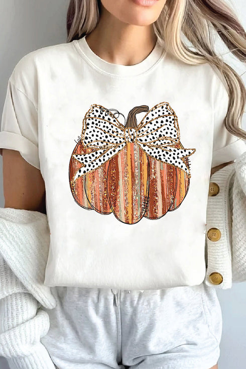 Festive Pumpkin Bow Graphic Crew Neck Shirt