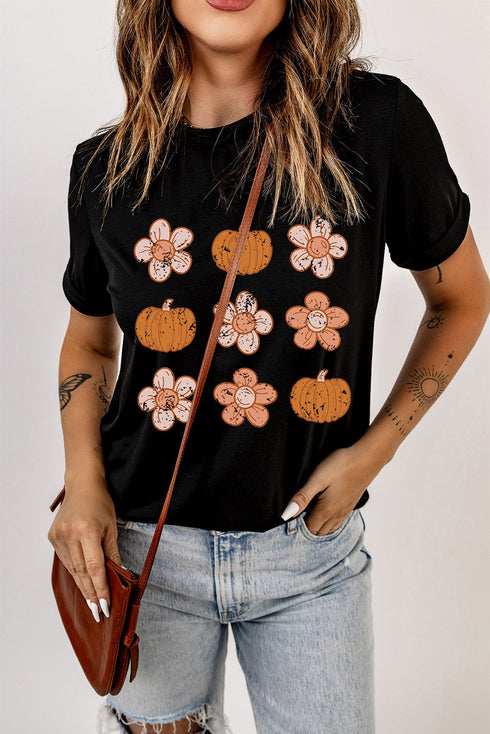 Festive Pumpkin Floral Graphic Print Short Sleeve Tee