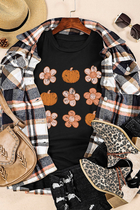 Festive Pumpkin Floral Graphic Print Short Sleeve Tee