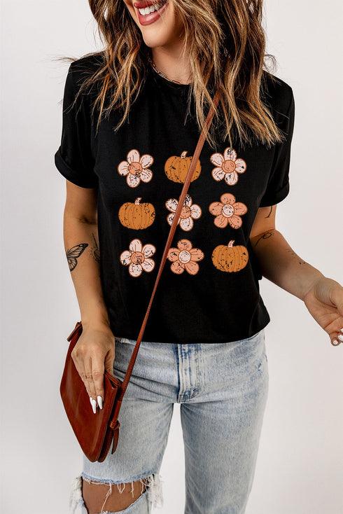 Festive Pumpkin Floral Graphic Print Short Sleeve Tee