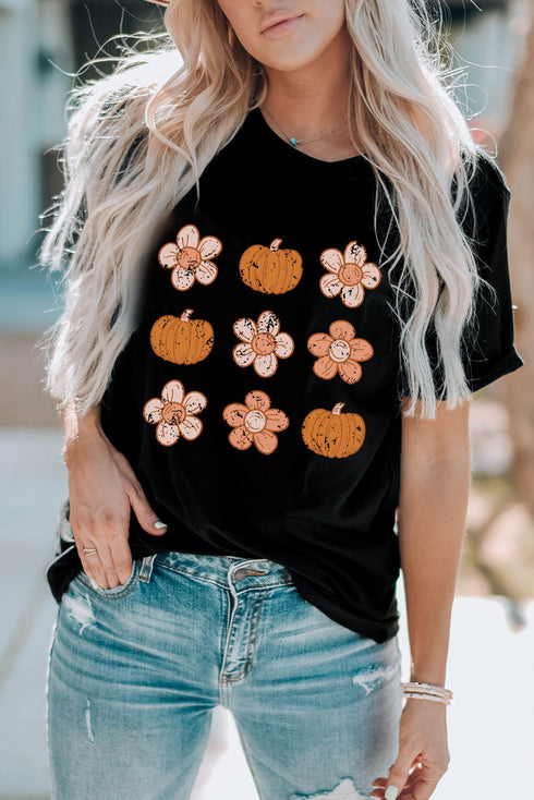 Festive Pumpkin Floral Graphic Print Short Sleeve Tee